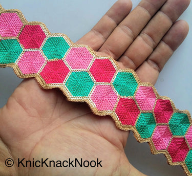 Fuchsia, Pink, Green And Gold Embroidered Trim